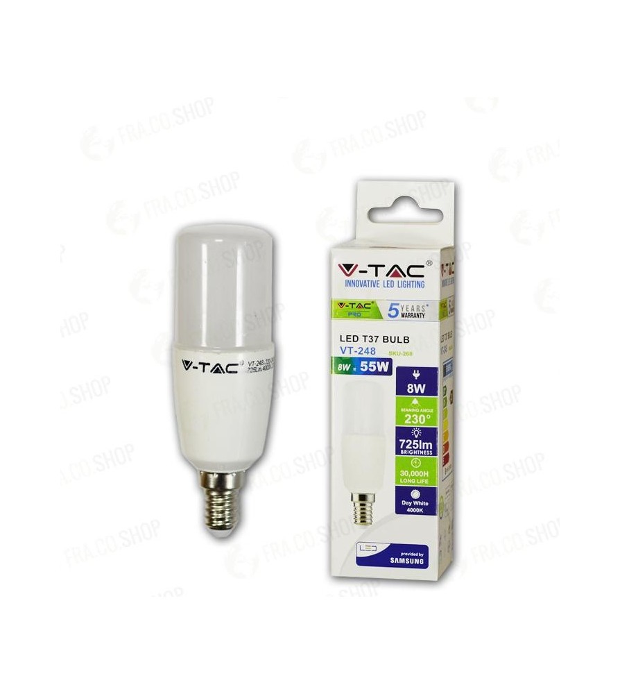 V-Tac Lampadina Led E14 8W Tubolare T37 Chip Samsung 6400K