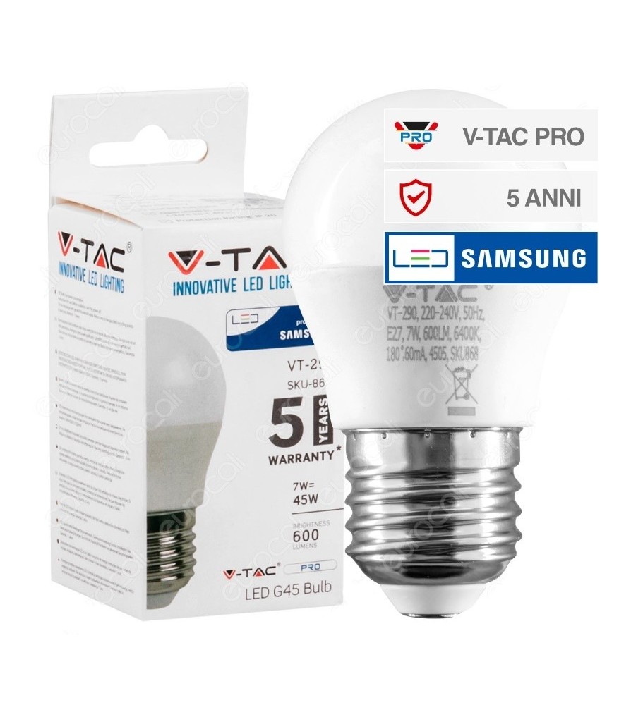 V-Tac Lampadina Led E27 7W 4000K MiniGlobo G45 Chip Samsung