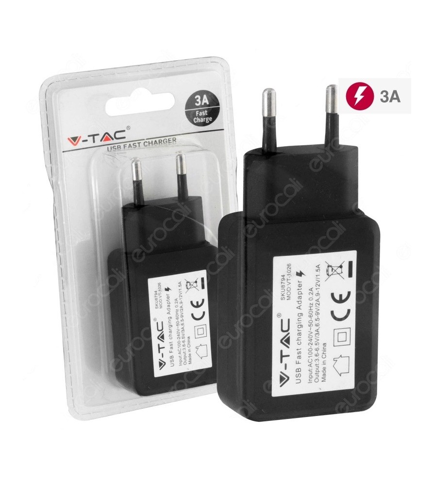 V-Tac Caricabatteria USB da Muro Fast Charge 3A Colore Nero