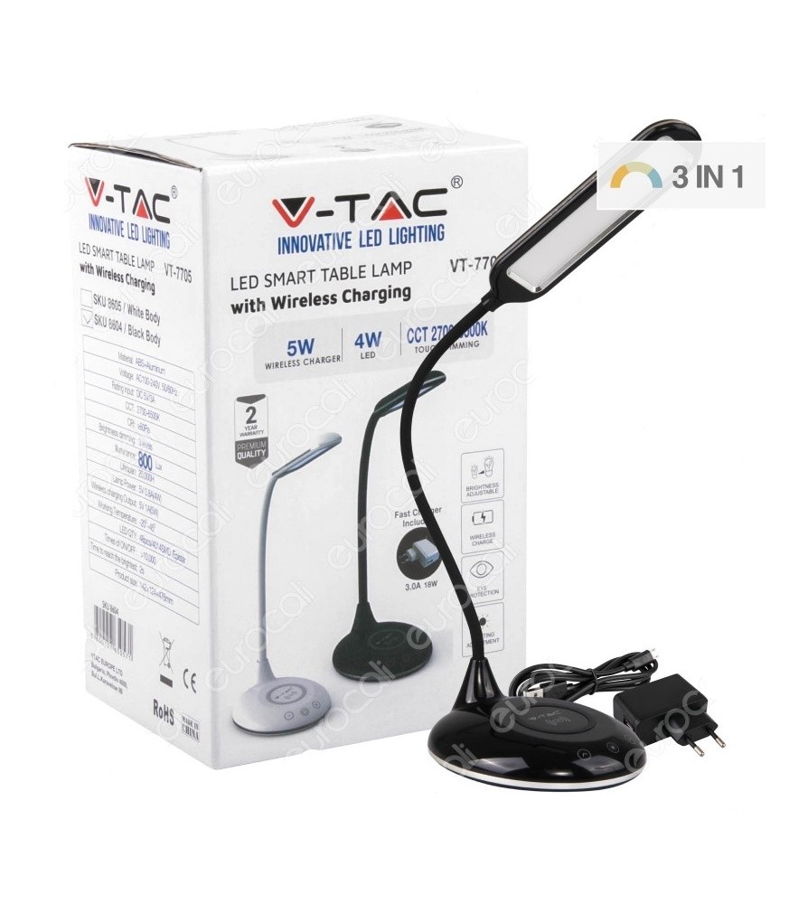 V-Tac Lampada da Tavolo Led 4W 2700K-6500K Multifunzione con Stazione di Ricarica Wireless Colore Nero