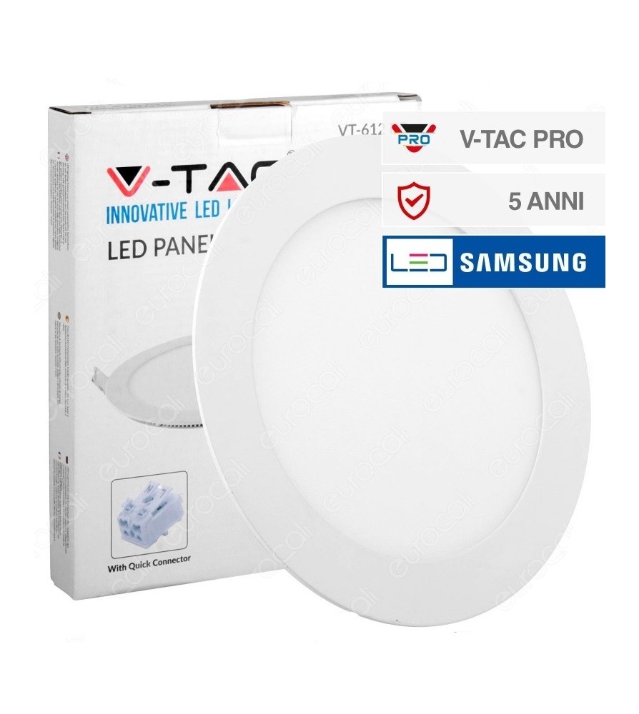 V-Tac Pannello Led Rotondo 12W 6400K SMD da Incasso con Driver con Chip Samsung