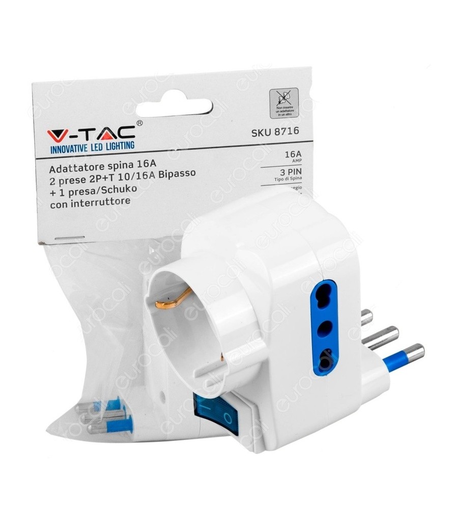 V-Tac Adattatore Triplo Spina 16A 2P+T Prese 2x 10/16A 2P+T Bipasso 1x 10A 2P+T + Schuko