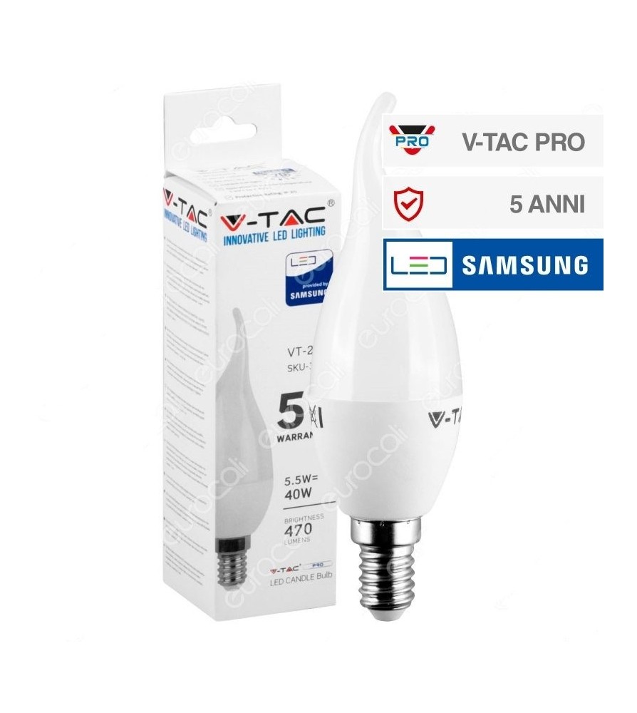 V-Tac Lampadina Led E14 5.5W Candela Fiamma Chip Samsung 6400K