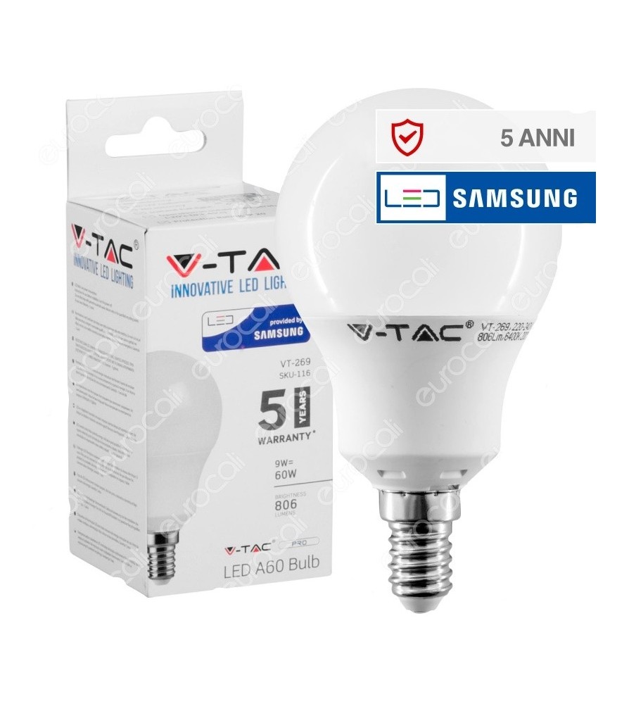 V-Tac Lampadina Led E14 9W Bulb A60 Chip Samsung 3000K