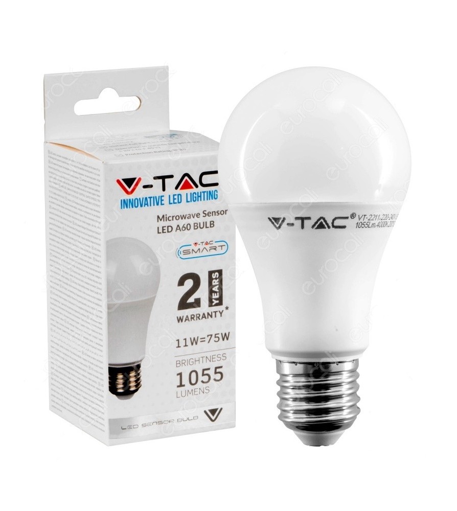 V-Tac Lampadina Led E27 11W 4000K Bulb A60 con Sensore di Movimento a Microonde e Crepuscolare