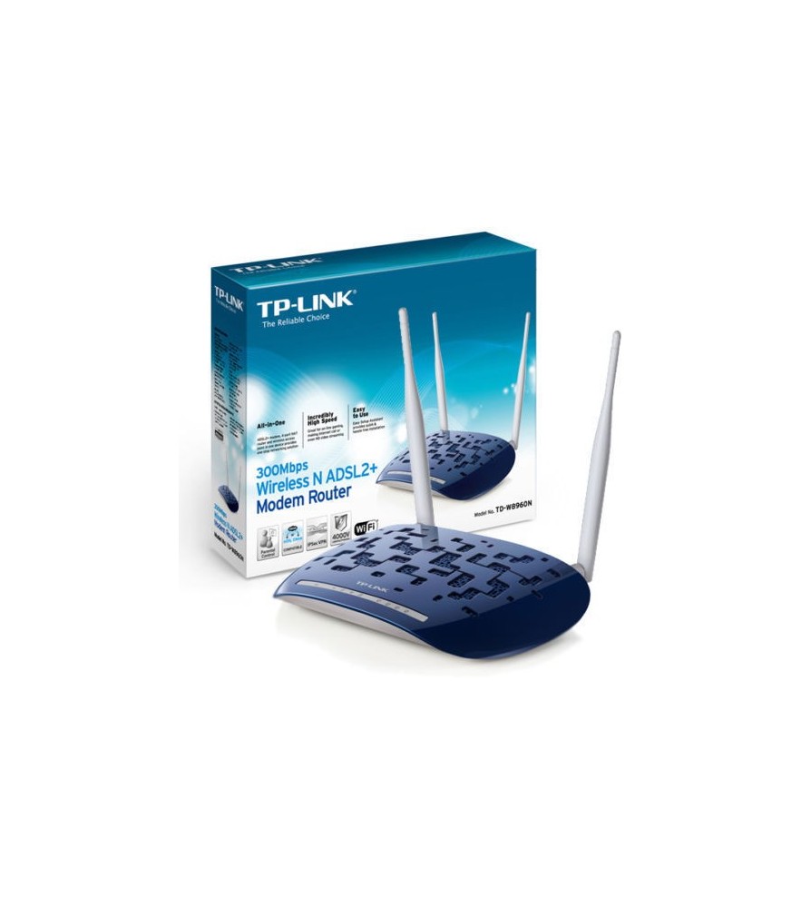 TP-LINK TD-W8960N Modem Router Wireless N300. ADSL2+. 4 Porte Fast Ethernet. IPsec VPN. Blu