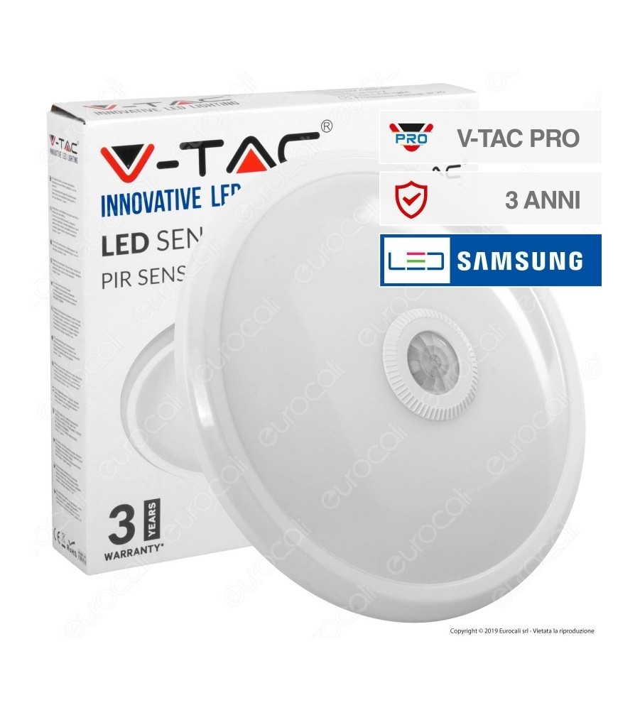 V-Tac Plafoniera Led 12W 6400K Forma Circolare con Sensore di Movimento Infrarossi IP20