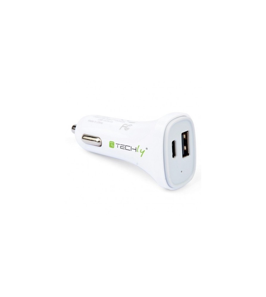 Techly Caricatore da Auto USB+USB-C a 2 porte 1A+3A Bianco