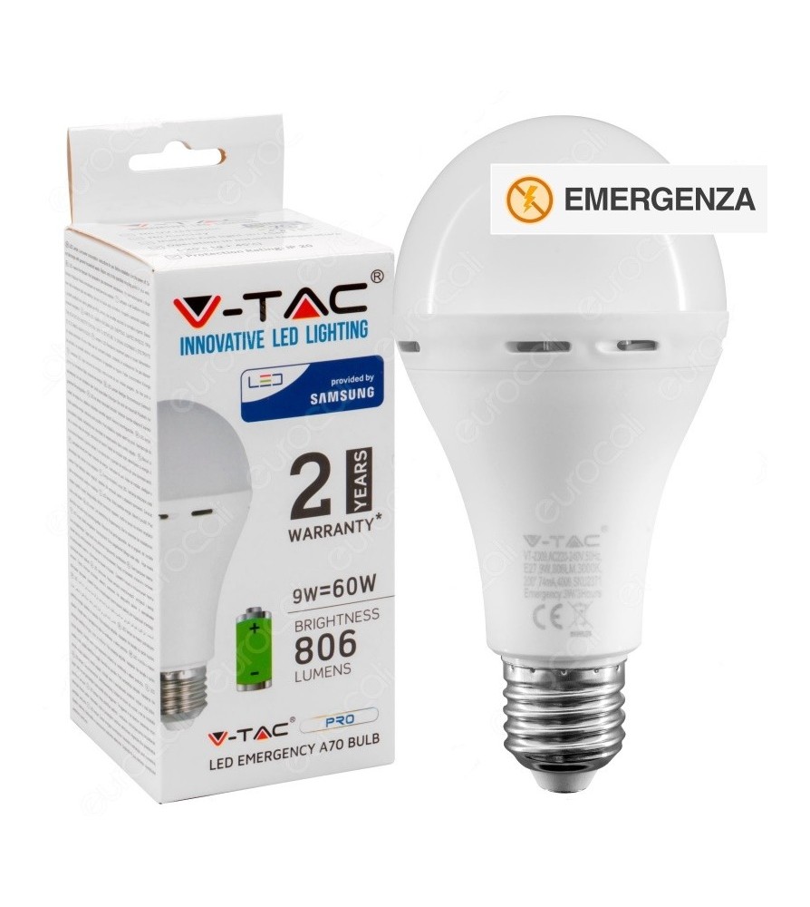 V-Tac Lampadina Led E27 9W 4000K Bulb A70 Luce Emergenza Anti Black-Out