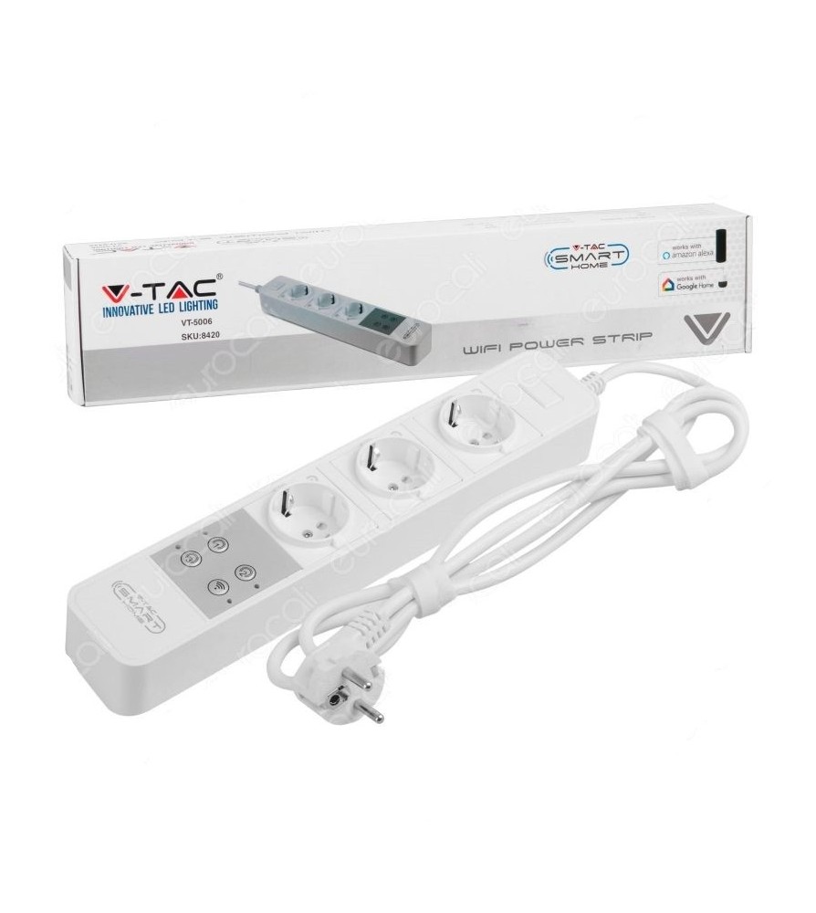 V-Tac Smart VT-5006 Multipresa 3 Posti Wi-Fi Colore Bianco con Interruttore