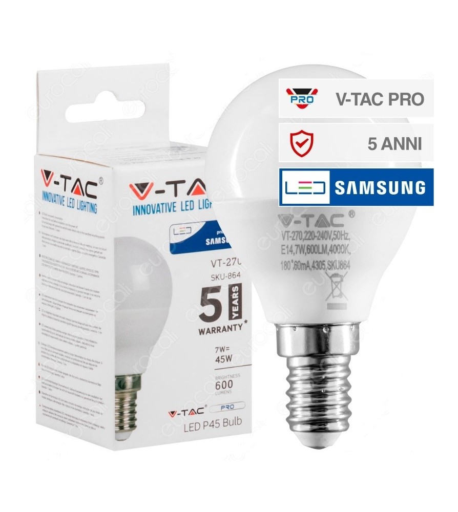 V-Tac Lampadina Led E14 7W 6400K MiniGlobo P45 Chip Samsung