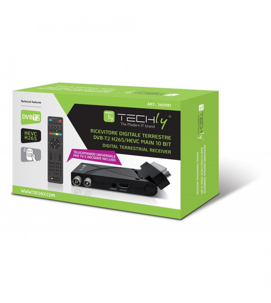 Techly Decoder Ricevitore Digitale Terrestre DVB-T/T2 H.265 HEVC 10bit USB HDMI Scart 180°