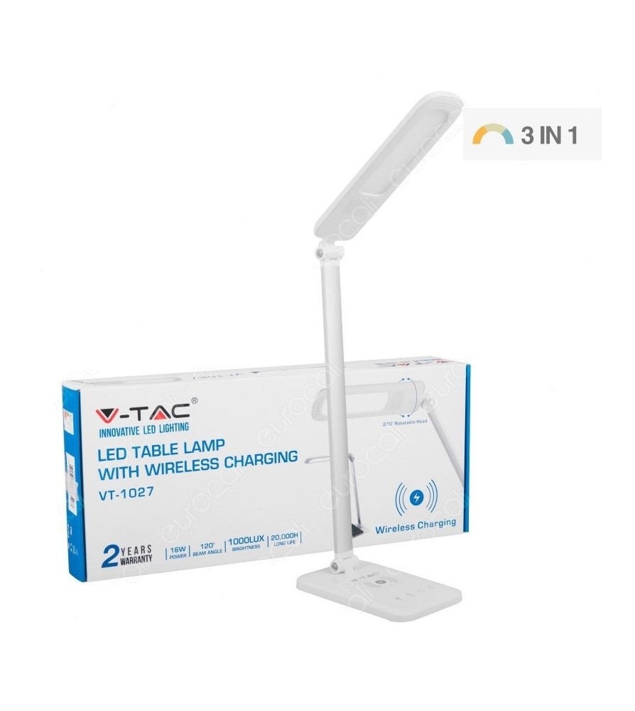 V-Tac Lampada da Tavolo Led 12W Multifunzione con Stazione di Ricarica Wireless