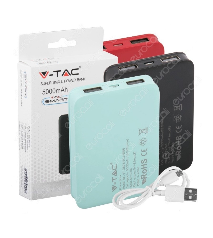 V-Tac Power Bank Portatile 5000 mAh 2 Uscite USB 2.1A Colore Blu