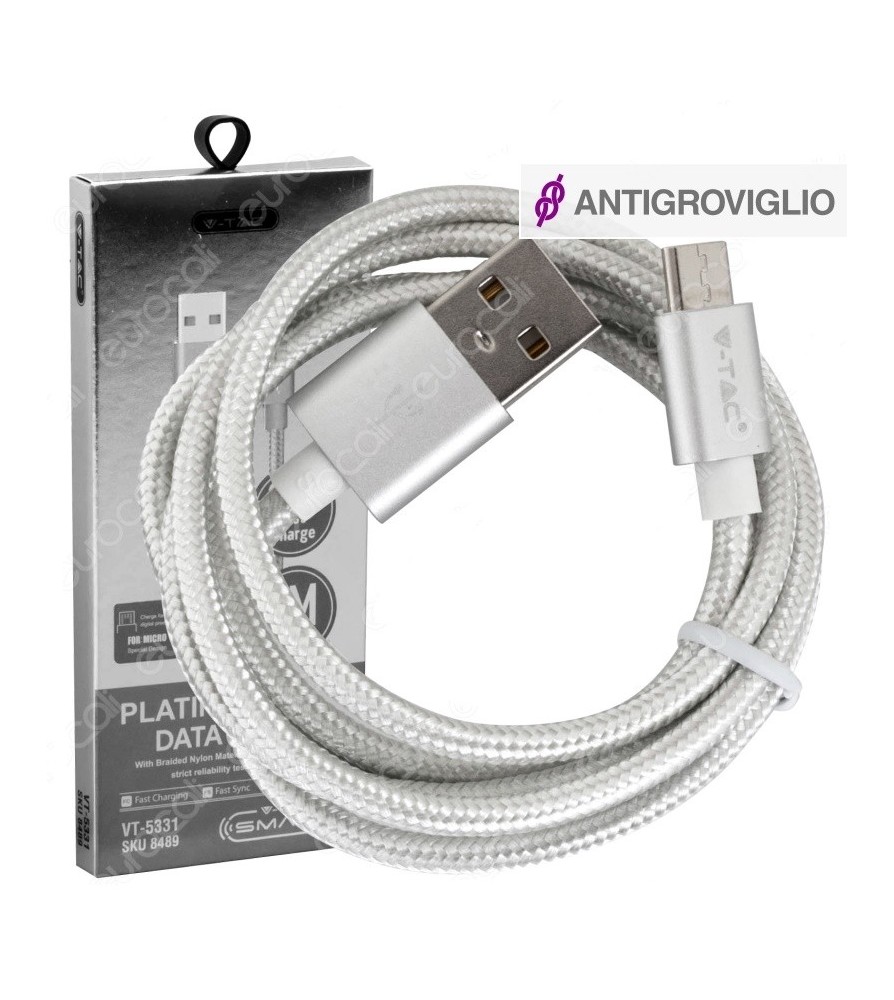 V-Tac Cavo Platinum Series Micro USB Cavo in Corda Colore Argento 1m