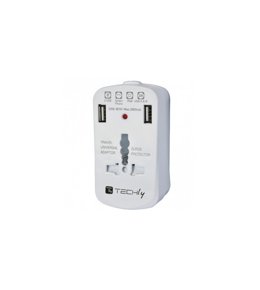 Techly Adattatore Universale da Viaggio da 2A per Prese Elettriche 2 USB