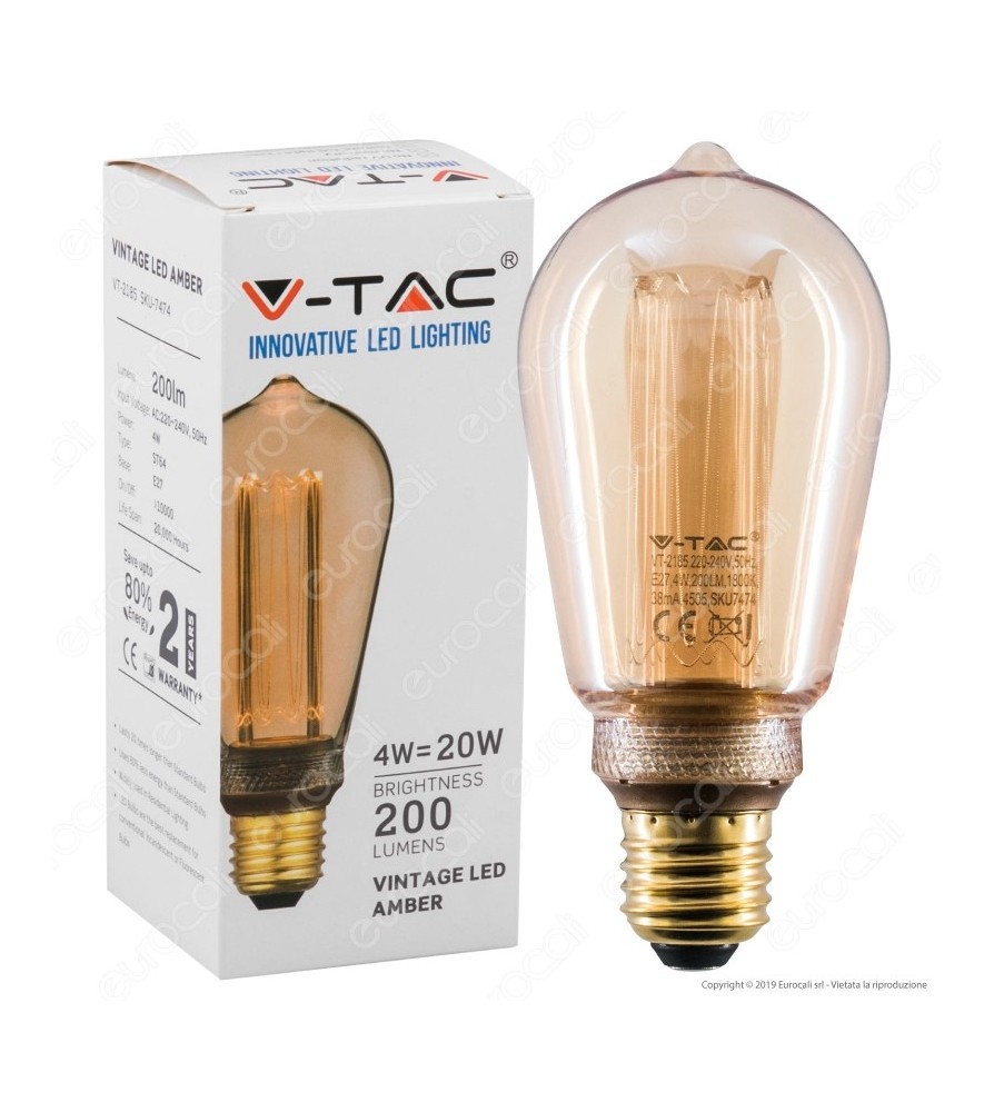 V-Tac Lampadina Led E27 4W 1800K Bulb ST64 Ambrata con Incisioni Laser