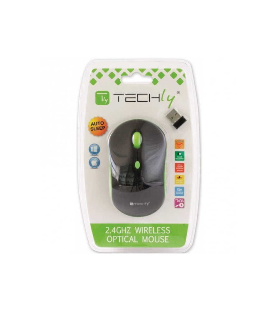 Techly Mouse Wireless 2.4GHz 800-1600 dpi Nero/Verde