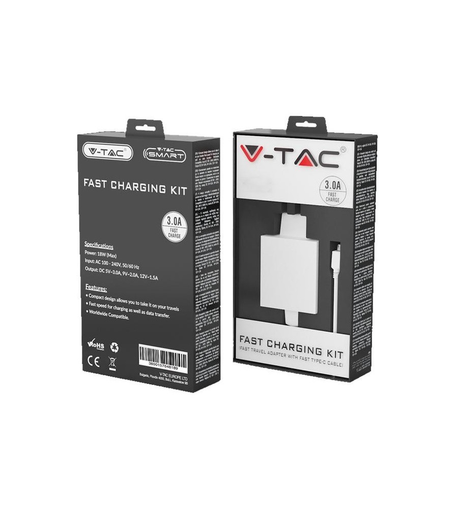 V-Tac Caricatore da Viaggio con Cavo Ricarica Veloce Micro USB 3.0A Colore Bianco