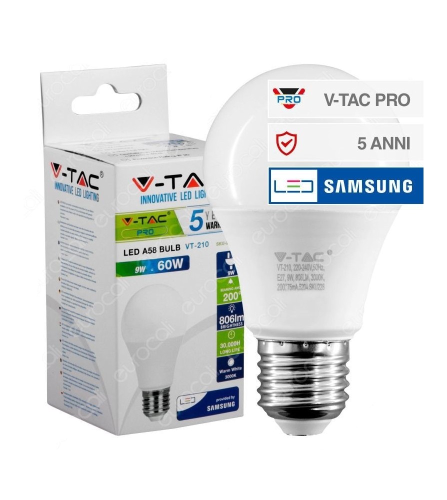 V-Tac Lampadina Led E27 9W Bulb A58 Chip Samsung 6400K