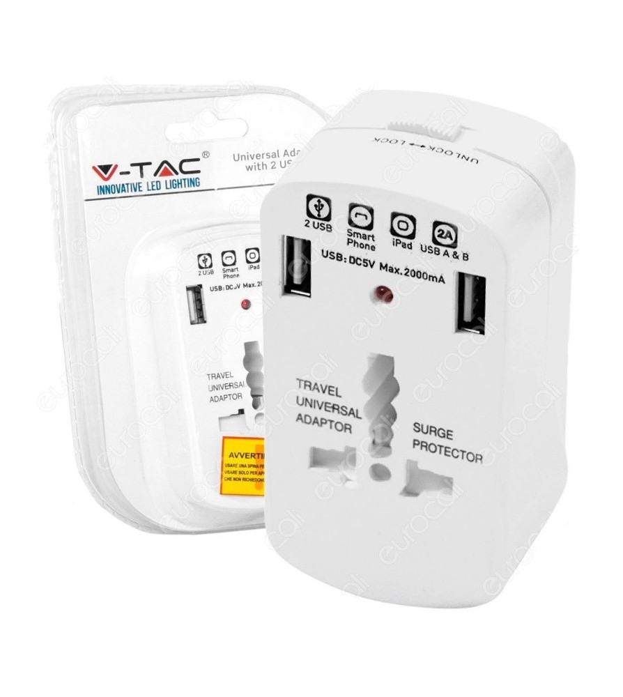 V-Tac Adattatore Universale da Viaggio da 2A per Prese Elettriche 2 USB