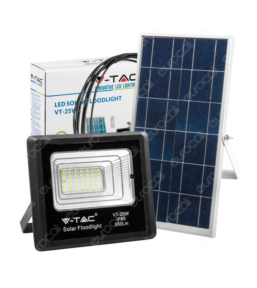 V-Tac Proiettore Led 16W 6400K 1050Lm a Batteria con Pannello Solare e Telecomando