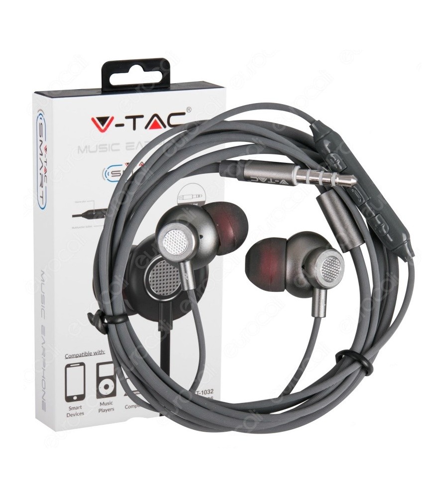 V-Tac Coppia di Auricolari con Microfono e Jack 3.5mm Colore Grigio