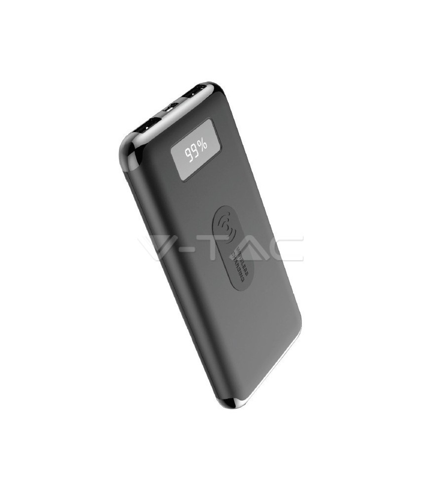 V-Tac Power Bank con Ricarica Wireless 10000 mAh 2 Uscite USB 2,1A Nero