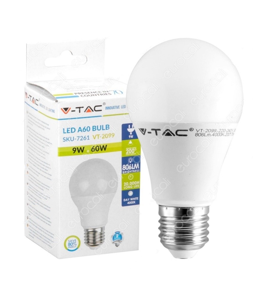 V-Tac Lampadina Led E27 9W 4000K Bulbo A60