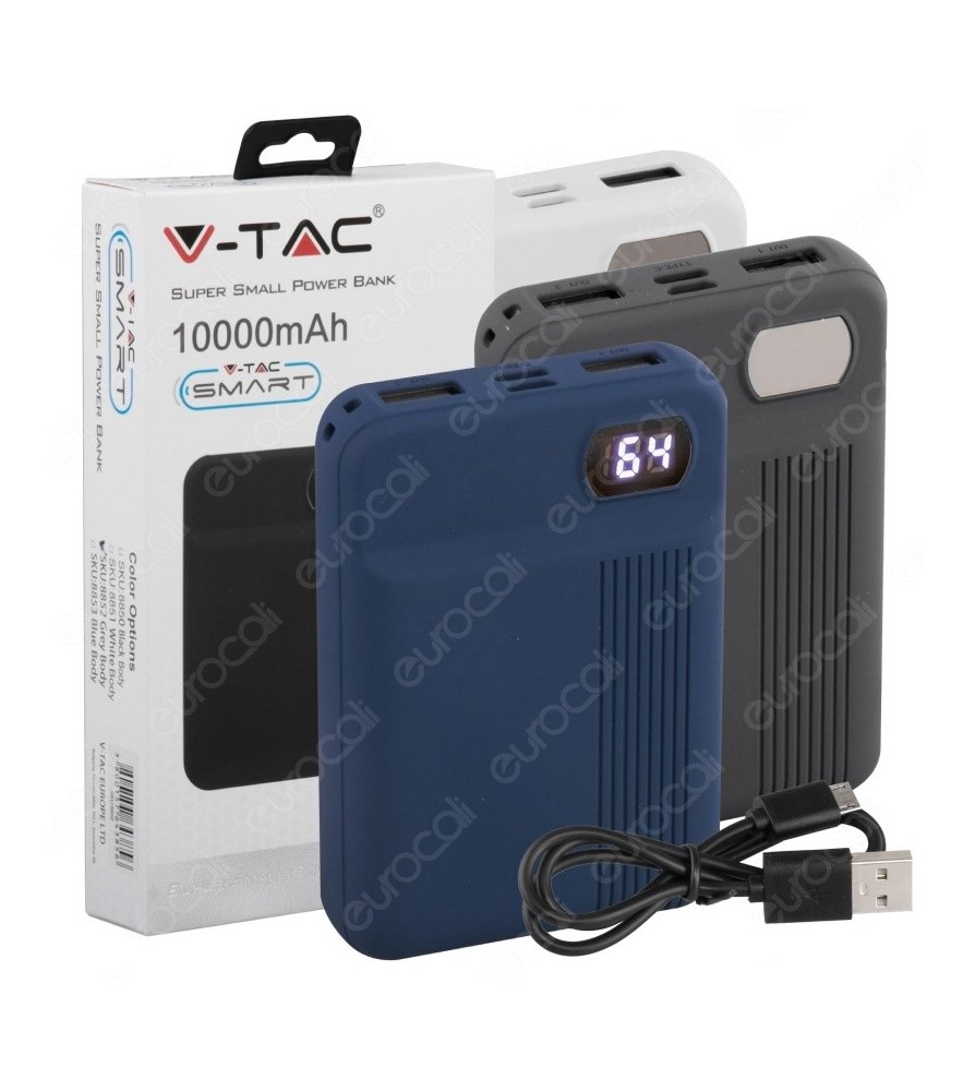 V-Tac Power Bank Portatile 10000 mAh 2 Uscite USB 2.1A Bianco