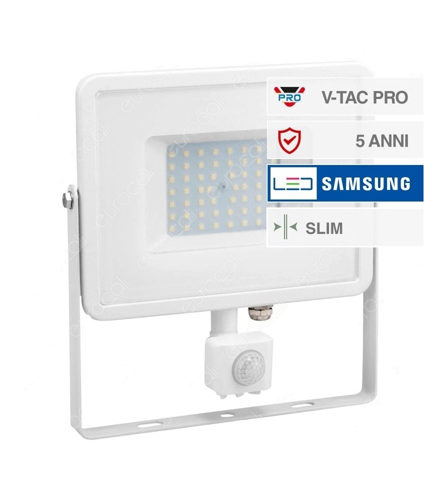 V-Tac Proiettore Led 50W 4000K Ultra Sottile Slim Chip Samsung con Sensore Colore Bianco