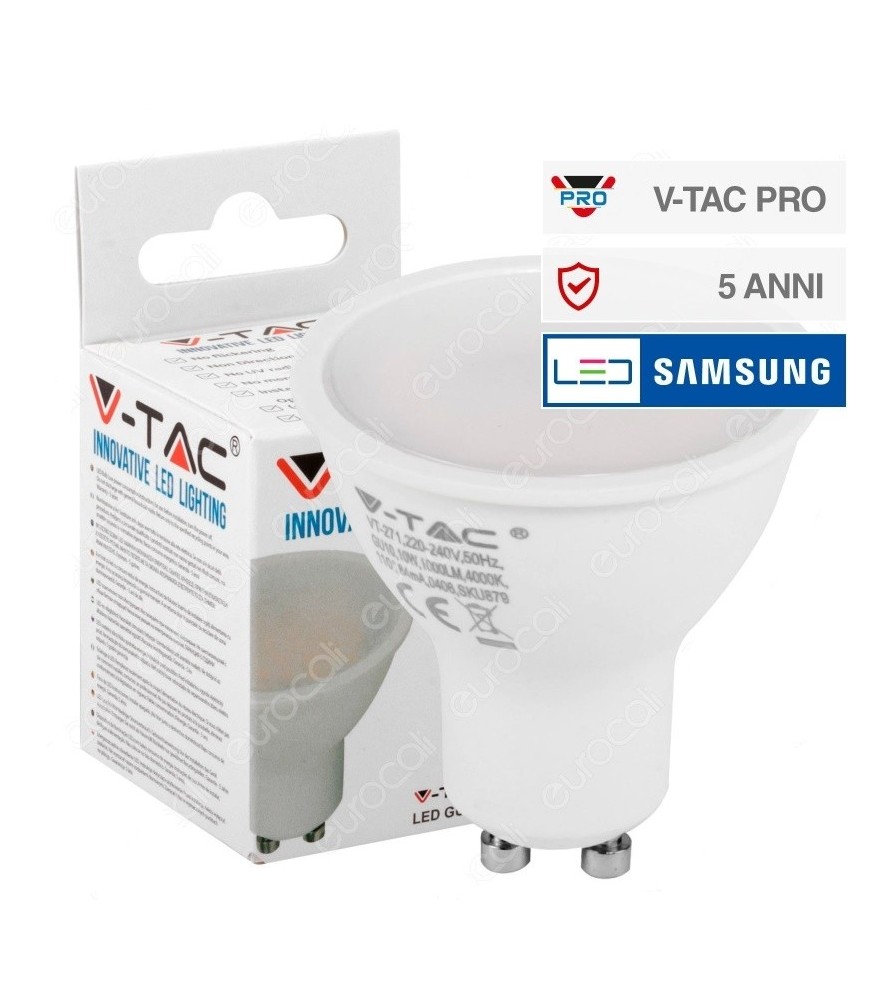 V-Tac Lampadina Led GU10 10W Faretto Spotlight Chip Samsung 110° 4000K