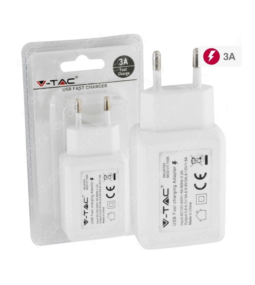 V-Tac Caricabatteria USB da Muro Fast Charge 3A Colore Bianco