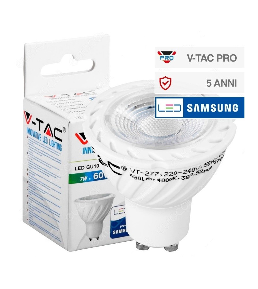 V-Tac Lampadina Led GU10 7W Faretto Spotlight Chip Samsung 38°6400K