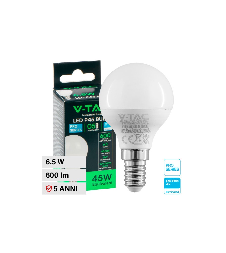 V-Tac Lampadina Led E14 6.5W 4000K MiniGlobo P45 Chip Samsung