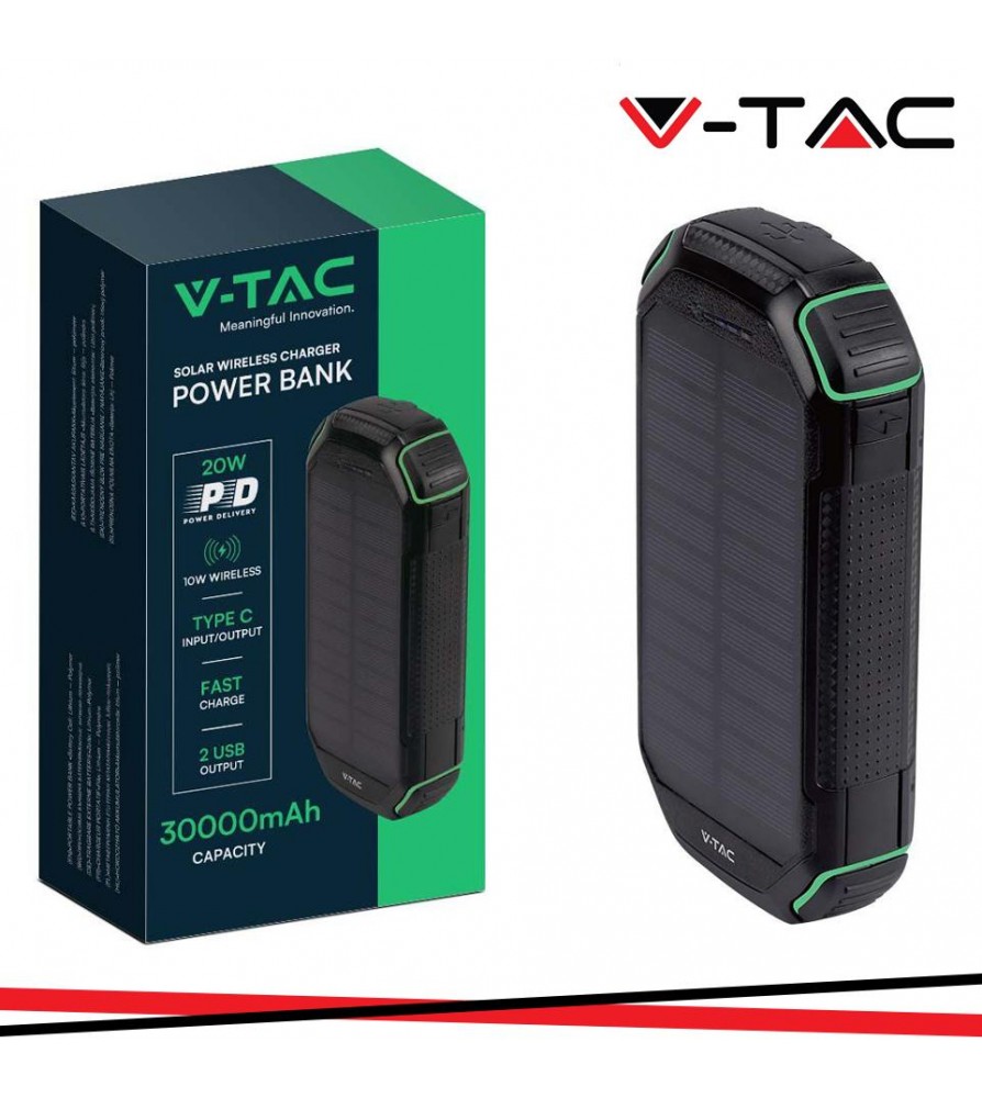 V-TAC Power Bank 30.000 mAh con Pannello Solare e Ricarica Wireless Colore Nero