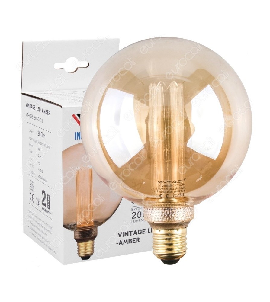 V-Tac  Lampadina Led E27 4W 1800K Globo G125 Ambrata con Incisioni Laser