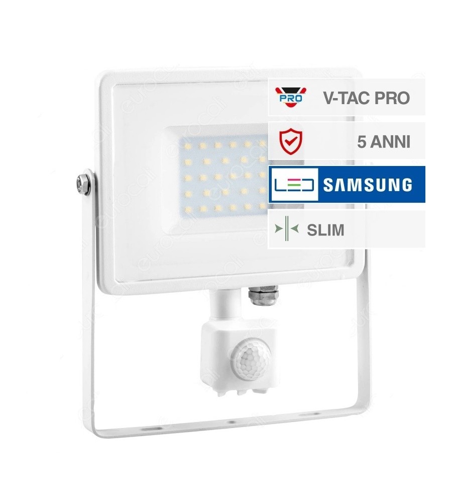 V-Tac Proiettore Led 30W 4000K Ultra Sottile Slim Chip Samsung con Sensore Colore Bianco