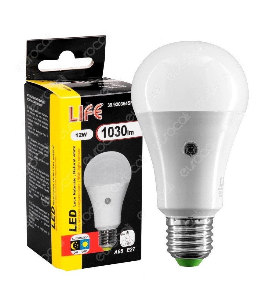 Life Lampadina Led E27 12W 4000K Bulb A65 con Sensore Crepuscolare