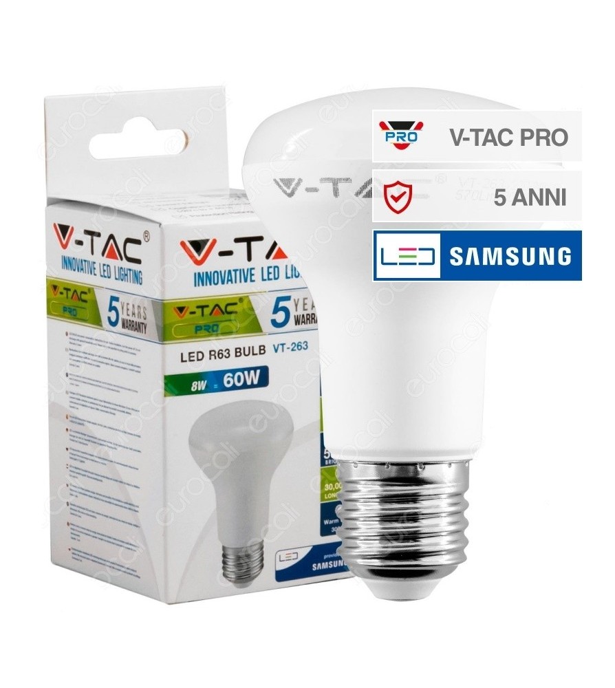 V-Tac Lampadina Led E27 8W Bulb Reflector Spot R63 Chip Samsung 3000K