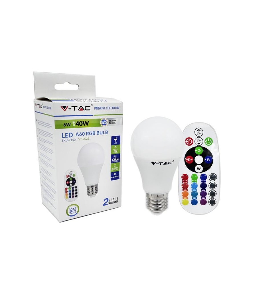 V-Tac Lampadina Led Goccia RGB 6W Attacco E27 Con Telecomando 6400K