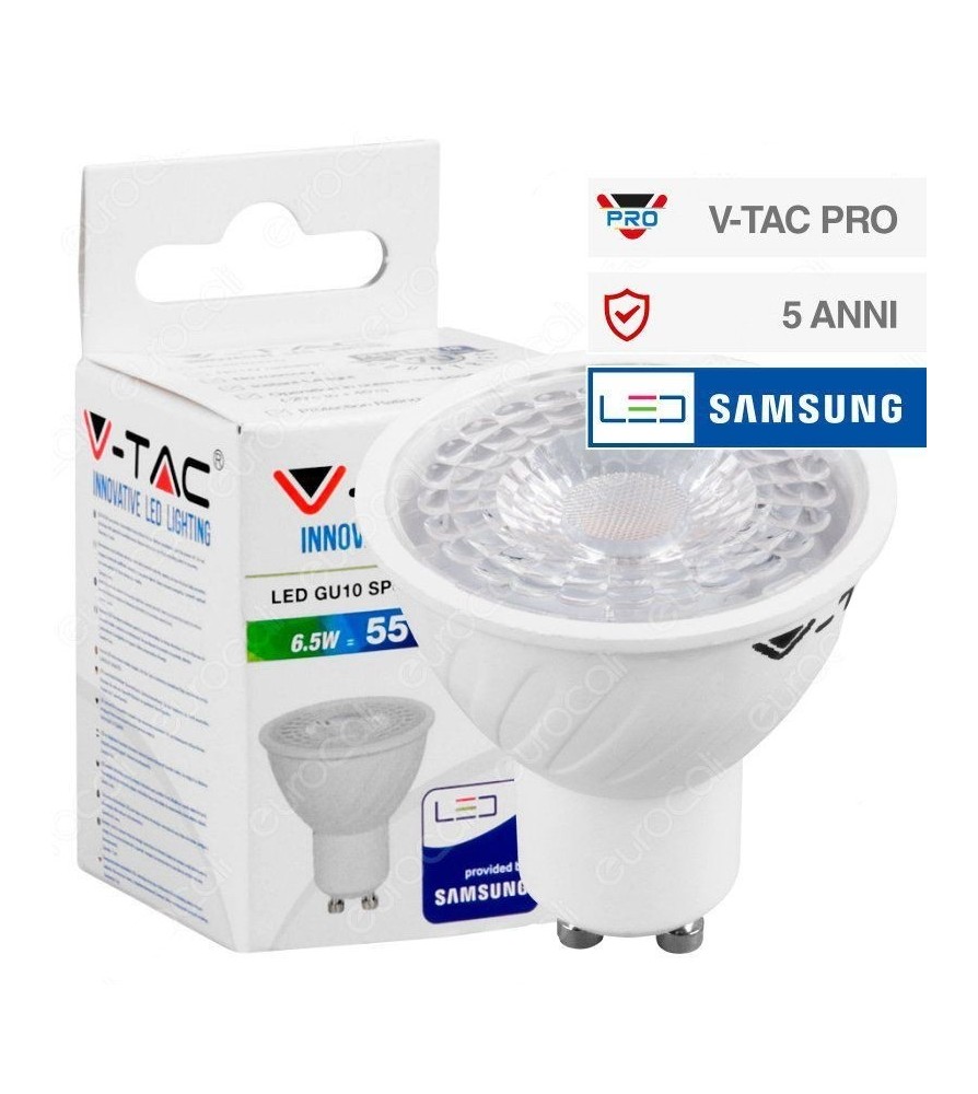 V-Tac Faretto Led 6.5W GU10 Chip Samsung Dimmerabile 6400K