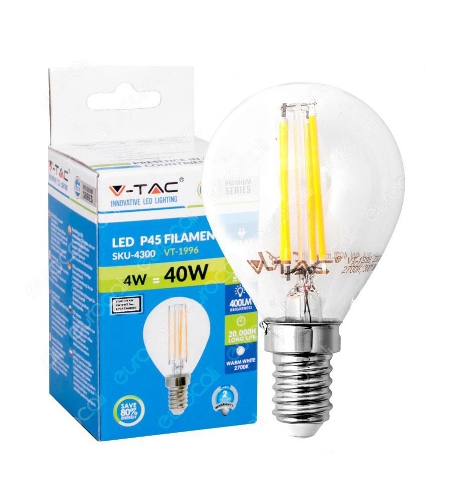 V-Tac Lampadina Led E14 4W 4500K MiniGlobo Filamento P45