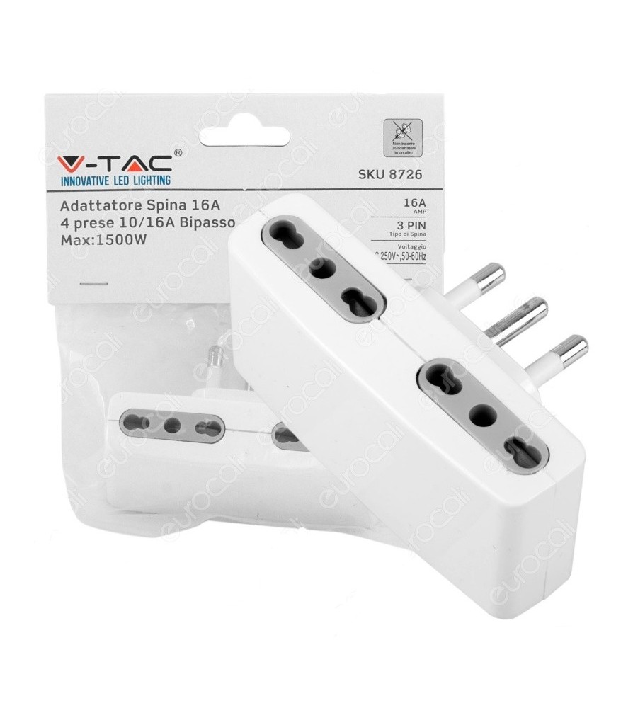 V-Tac Multipresa Adattatore Quadruplo con Prese 16A